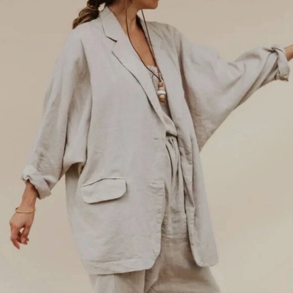 Myrah Penaloza Linen Oversized Gray Eagle Blazer One Size Pocket Shell Button - Picture 1 of 10
